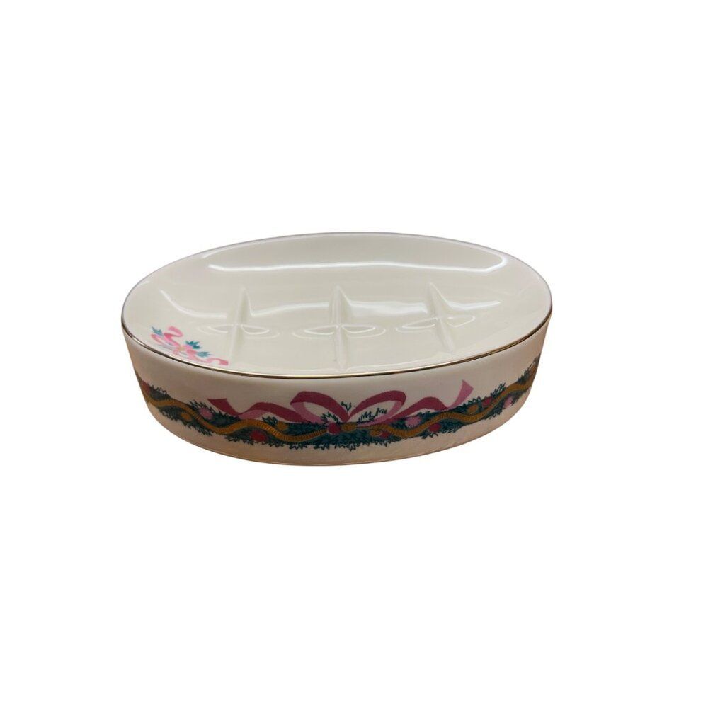 Vintage Ceramic Soap Dish With Floral Ribbon Design Made In Japan Oval Shape 5.5